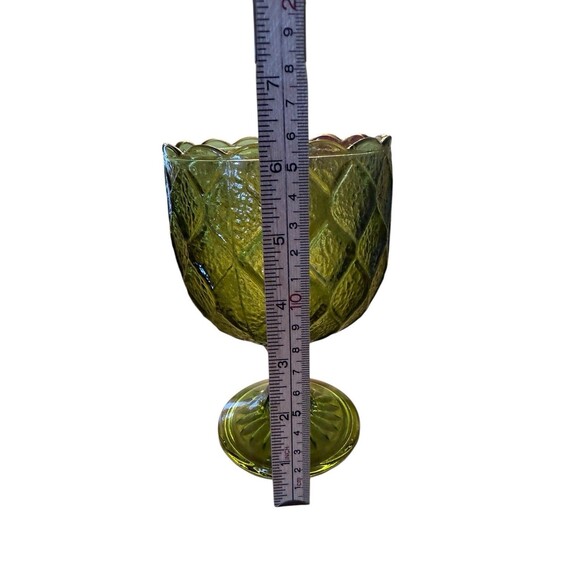 Indiana Glass Olive Green Diamond Pattern Pedestal Goblet Scalloped Edge Regent - Picture 5 of 9
